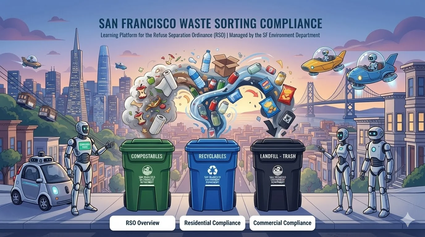 Illustration of San Francisco's three waste streams: green compostables, blue recyclables, and black landfill bins with items being sorted into each